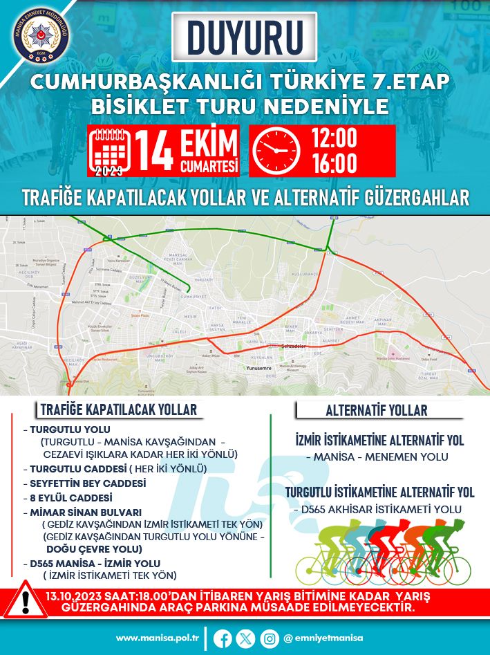 14 EKİM’DE TURGUTLU MANİSA’DA TRAFİĞE KAPATILACAK YOLLAR